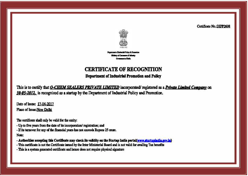 Startup India Certificate of Recognition